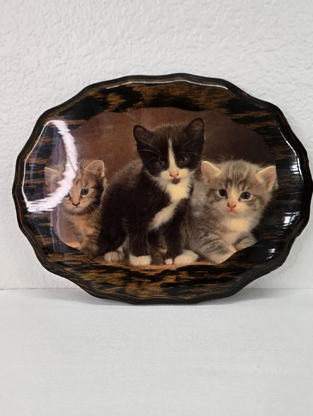 VTG 80s Decoupage Wood Plaque 3 Kittens Lacquer Frame Cat Art Wall  Kitsch